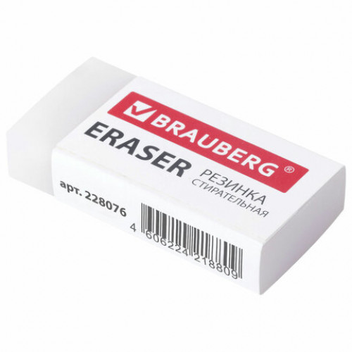 Ластик BRAUBERG EXTRA, 45х17х10 мм, белый, прямоугольный, экологичный ПВХ, картонный держатель, 228076