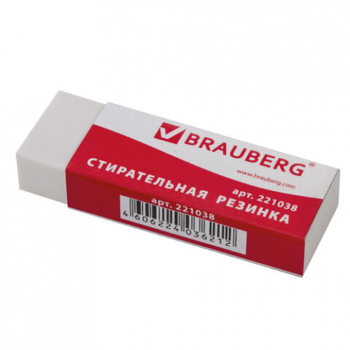 Ластик большой BRAUBERG Office 20, 60х20х11 мм, белый, прямоугольный, картонный держатель, 221038