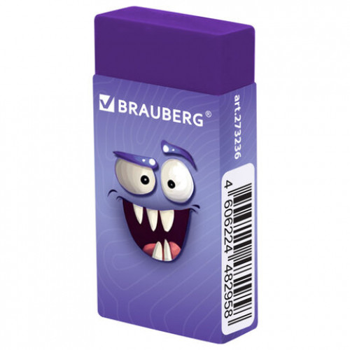 Ластик BRAUBERG CUTE MONSTERS, 50х24х10 мм, прямоугольный, цвета ластика ассорти, эко-пвх, картонный держатель, 273236