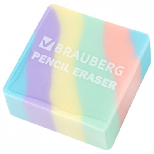 Ластик BRAUBERG PASTEL, 34х34х14 мм, квадратный, эко-пвх, цвет ластика ассорти, 273210