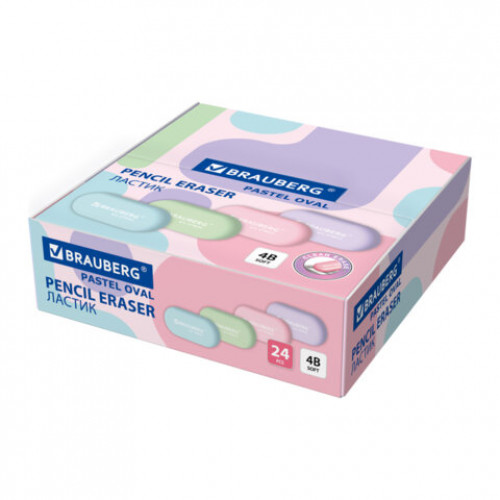 Ластик BRAUBERG PASTEL OVAL, 50х23х10 мм, цвета ассорти, овальный, 274023