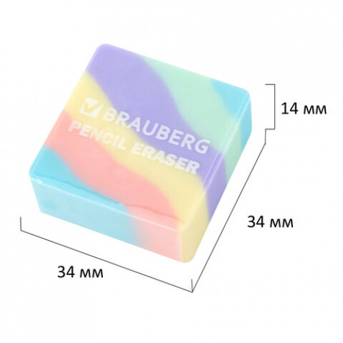 Ластик BRAUBERG PASTEL, 34х34х14 мм, квадратный, эко-пвх, цвет ластика ассорти, 273210