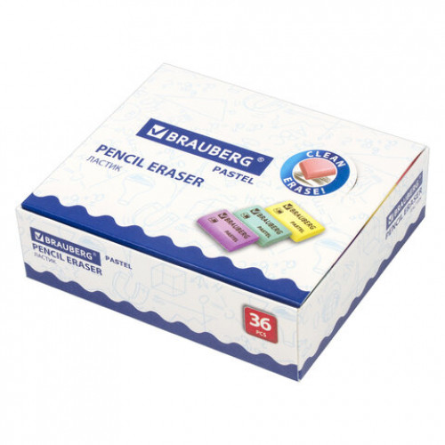 Ластик BRAUBERG Pastel, 37х24х11мм, ассорти пастельных цветов, экологичный ПВХ, 229582