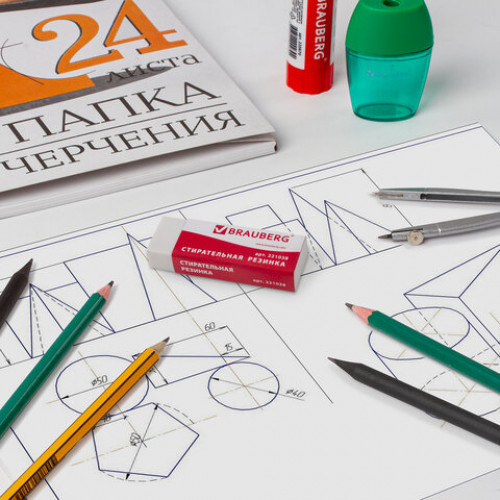 Ластик большой BRAUBERG Office 20, 60х20х11 мм, белый, прямоугольный, картонный держатель, 221038