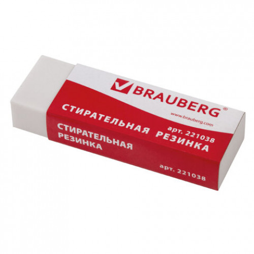 Ластик большой BRAUBERG Office 20, 60х20х11 мм, белый, прямоугольный, картонный держатель, 221038