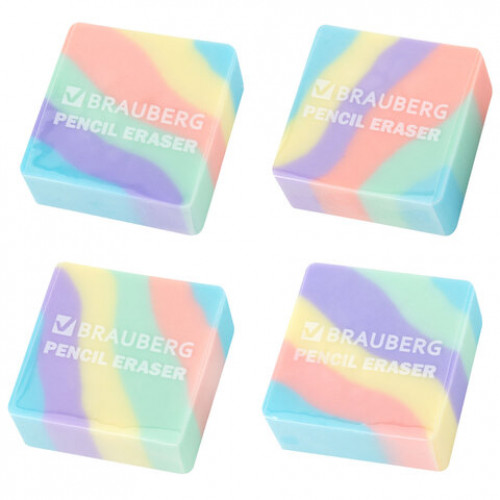 Ластик BRAUBERG PASTEL, 34х34х14 мм, квадратный, эко-пвх, цвет ластика ассорти, 273210