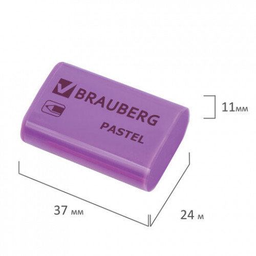 Ластик BRAUBERG Pastel, 37х24х11мм, ассорти пастельных цветов, экологичный ПВХ, 229582