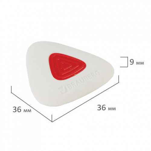 Ластик BRAUBERG Trios PRO, 36х36х9 мм, белый, треугольный, красный пластиковый держатель, 229559