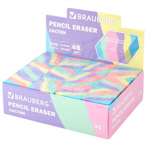 Ластик BRAUBERG PASTEL, 34х34х14 мм, квадратный, эко-пвх, цвет ластика ассорти, 273210