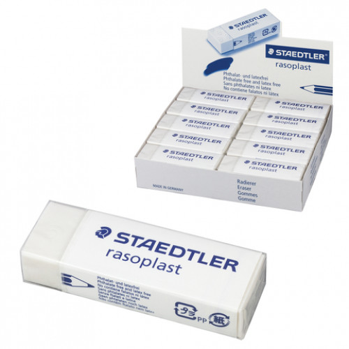 Ластик большой STAEDTLER (Германия) Rasoplast, 65x23x13 мм, белый, прямоугольный, картонный держатель, 526 B20