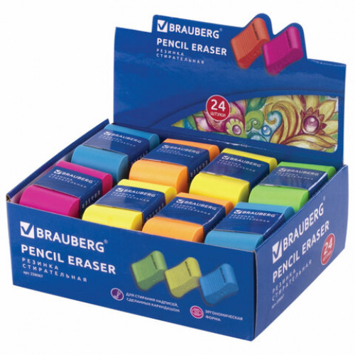 Ластик BRAUBERG Rainbow, 42х23х13 мм, цвет ассорти, картонный держатель, 228067