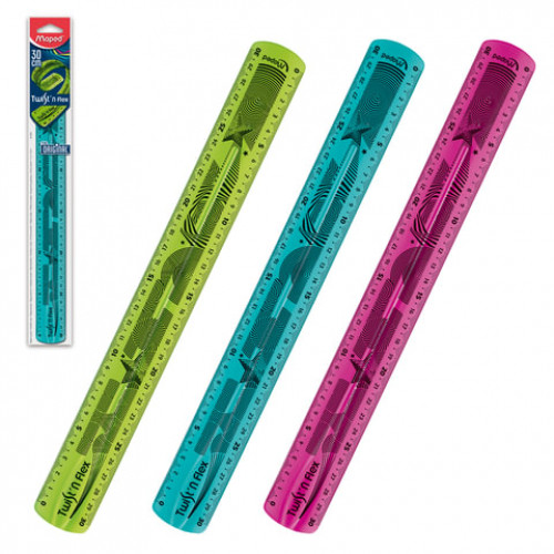 Линейка пластиковая 30 см, гибкая, MAPED (Франция) Twist'n Flex, тонированная, ассорти, подвес, 027900