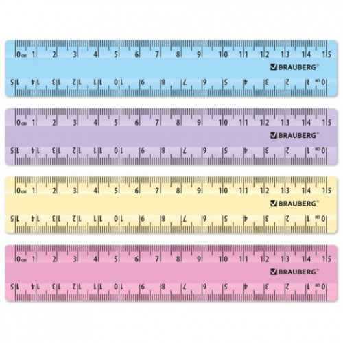 Линейки пластиковые 15 см пастельные BRAUBERG, НАБОР 4 штуки, непрозрачные, пенал, 210880