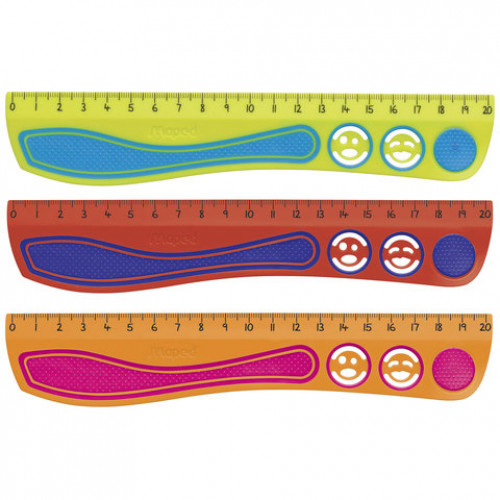 Линейка MAPED (Франция) Kidy'Grip, 20 см, пластиковая с резиновыми вставками, нескользящая, с трафаретами, 278710