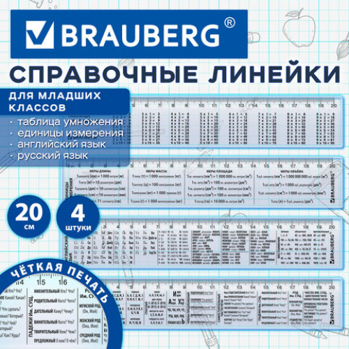 Линейки пластиковые 20 см справочные BRAUBERG, НАБОР 4 шт., для младших классов, пенал, 210895