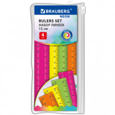 Линейки пластиковые 15 см неоновые BRAUBERG, НАБОР 4 штуки, непрозрачные, пенал, 210881