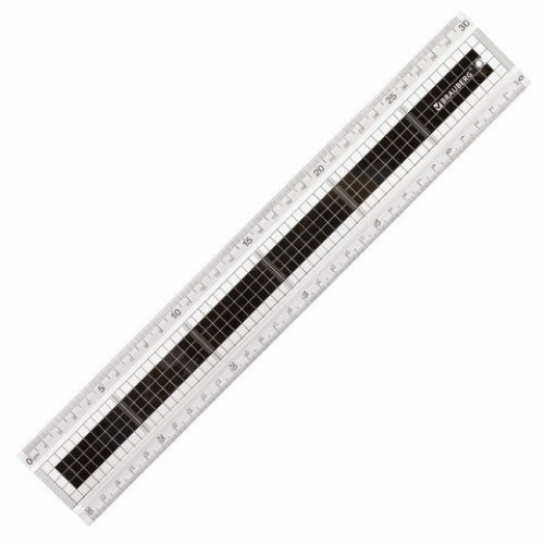 Линейка пластик 30 см BRAUBERG EXTRA, прочная, прозрачная, черно-белая печать, европодвес, 210744