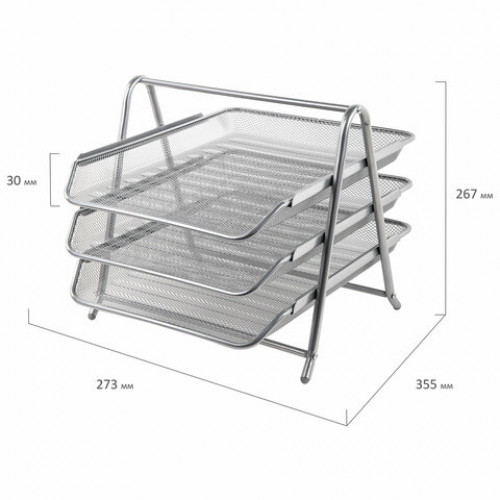 Лоток горизонтальный металлический для бумаг, 3 секции, BRAUBERG Germanium, А4 (267х355х295 мм), серебристый, 231953