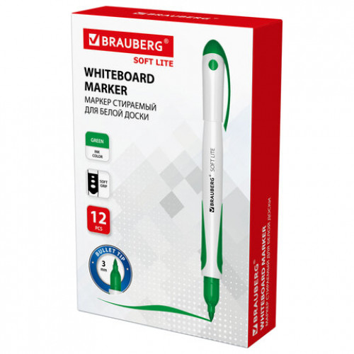 Маркер стираемый для белой доски ЗЕЛЕНЫЙ, BRAUBERG SOFT LITE, 3 мм, резиновая вставка, 152106