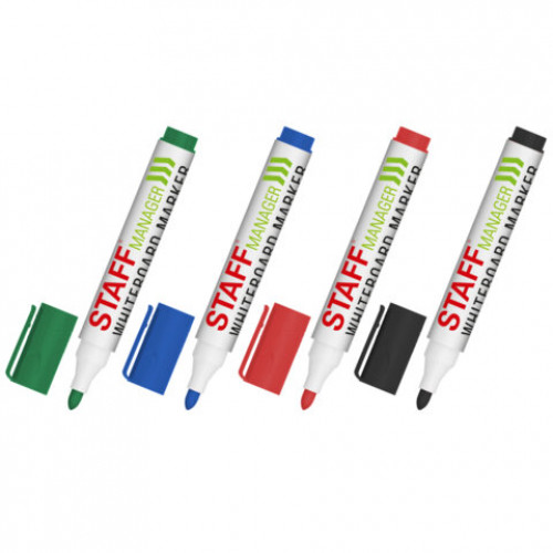 Маркеры стираемые для белой доски НАБОР 4 ЦВЕТА, STAFF MANAGER WBM-300, 3 мм, с клипом, 152637