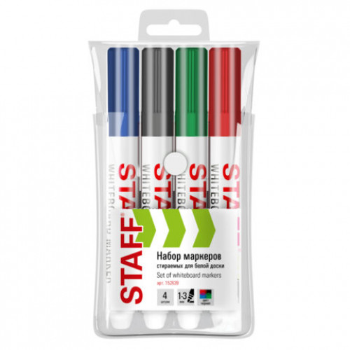 Маркеры стираемые для белой доски НАБОР 4 ЦВЕТА, STAFF BASIC WBM-200, 1-3 мм, 152639
