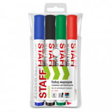 Маркеры стираемые для белой доски НАБОР 4 ЦВЕТА, STAFF MANAGER WBM-300, 3 мм, с клипом, 152637