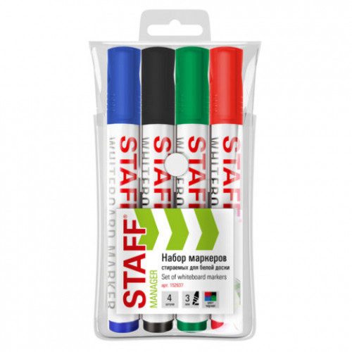 Маркеры стираемые для белой доски НАБОР 4 ЦВЕТА, STAFF MANAGER WBM-300, 3 мм, с клипом, 152637