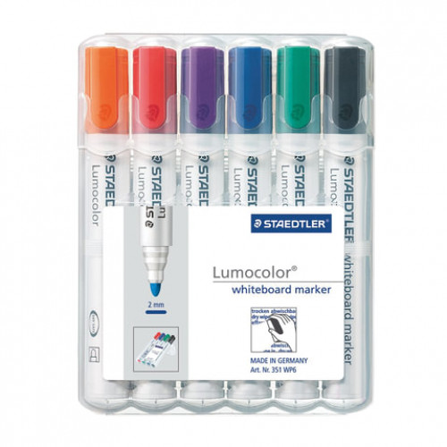 Маркеры стираемые для белой доски НАБОР 6 ЦВЕТОВ, STAEDTLER Lumocolor, 2 мм, 351 WP6