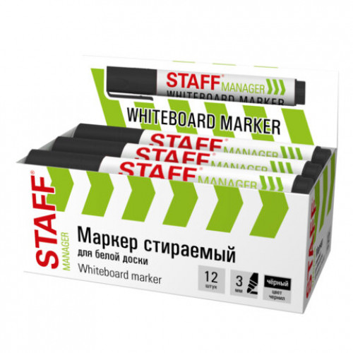 Маркер стираемый для белой доски ЧЕРНЫЙ, STAFF MANAGER WBM-300, 3 мм, с клипом, 152636