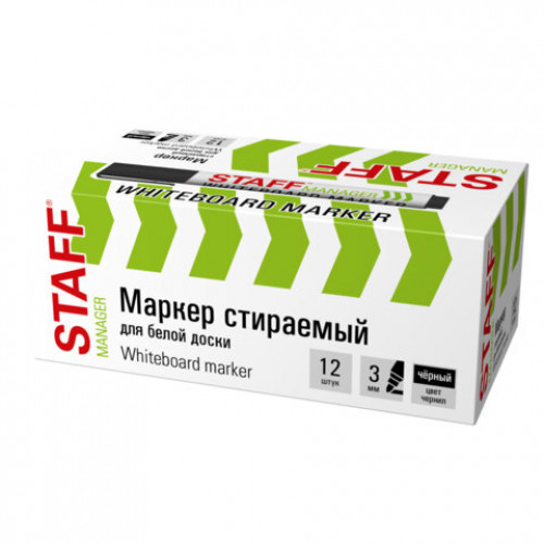 Маркер стираемый для белой доски ЧЕРНЫЙ, STAFF MANAGER WBM-300, 3 мм, с клипом, 152636