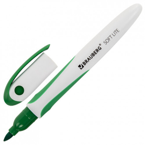 Маркер стираемый для белой доски ЗЕЛЕНЫЙ, BRAUBERG SOFT LITE, 3 мм, резиновая вставка, 152106
