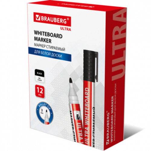 Маркер стираемый для белой доски ЧЕРНЫЙ, BRAUBERG ULTRA WHITEBOARD MARKER, 3 мм, с клипом, 152634