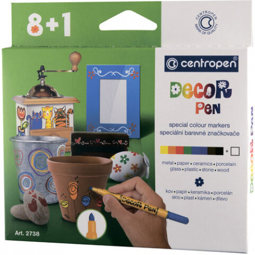 Маркеры для декорирования 8 ЦВЕТОВ + 1 БЕЛЫЙ CENTROPEN Decor Pen, 1,5 мм, 2738, 5 2738 0901