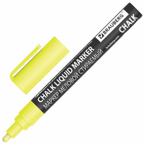 Маркер меловой CHALK LIQUID MARKER, ЖЕЛТЫЙ, 3 мм, стираемый, BRAUBERG CHALK, 152590