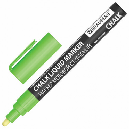 Маркер меловой CHALK LIQUID MARKER, ЗЕЛЕНЫЙ, 3 мм, стираемый, BRAUBERG CHALK, 152587