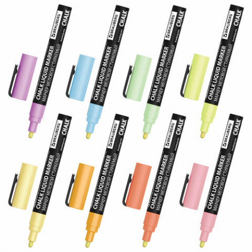 Маркеры меловые CHALK LIQUID MARKER, ПАСТЕЛЬ, НАБОР 8 ЦВЕТОВ, 3 мм, стираемые, BRAUBERG CHALK, 152598