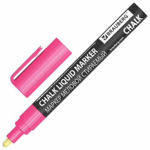 Маркер меловой CHALK LIQUID MARKER, РОЗОВЫЙ, 3 мм, стираемый, BRAUBERG CHALK, 152586