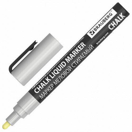 Маркер меловой CHALK LIQUID MARKER, СЕРЕБРИСТЫЙ, 3 мм, стираемый, BRAUBERG CHALK, 152593