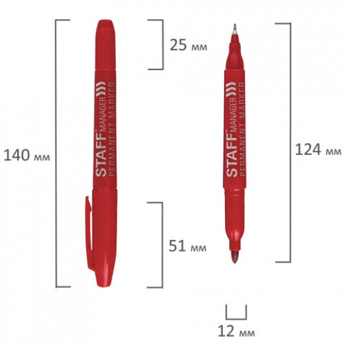 Маркер перманентный двусторонний STAFF Manager, КРАСНЫЙ, наконечники 0,8 мм/2,2 мм, 151627