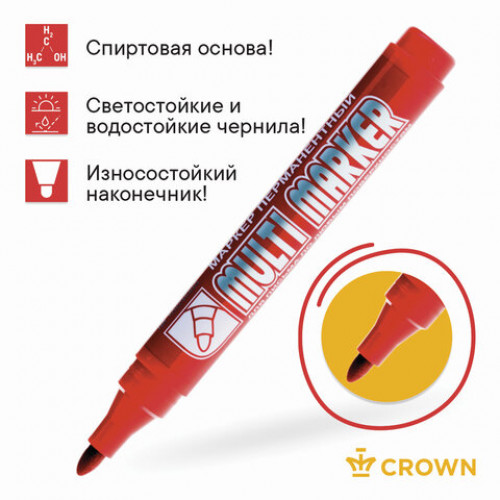 Маркер перманентный CROWN Multi Marker, КРАСНЫЙ, круглый наконечник, 3 мм, CPM-800