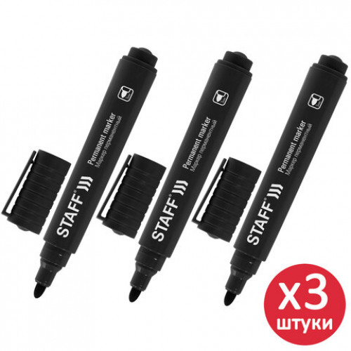 Маркер перманентный STAFF Basic Budget PM-125, ЧЕРНЫЙ, КОМПЛЕКТ 3 штуки, наконечник 3 мм, 880597