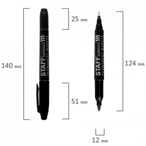 Маркер перманентный двусторонний STAFF Manager, ЧЕРНЫЙ, наконечники 0,8 мм / 2,2 мм, 151625