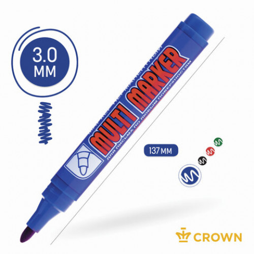Маркер перманентный CROWN Multi Marker, СИНИЙ, круглый наконечник, 3 мм, CPM-800