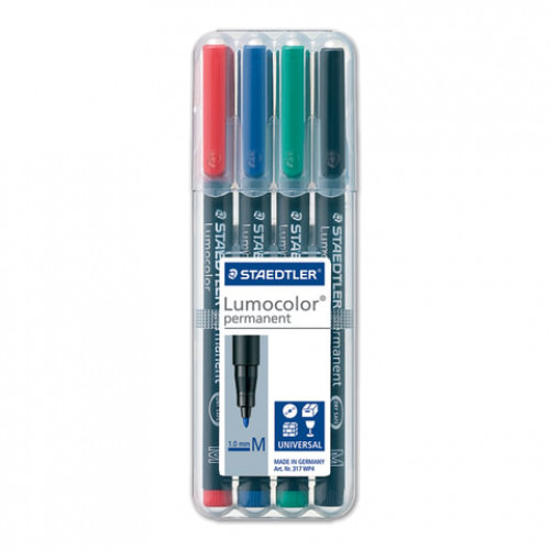 Маркеры перманентные (нестираемые) STAEDTLER в НАБОРЕ из 4 шт., АССОРТИ, Lumocolor, круглые, 1 мм, 317 WP4