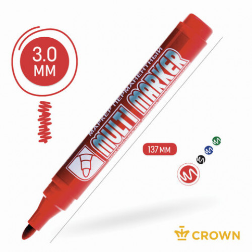 Маркер перманентный CROWN Multi Marker, КРАСНЫЙ, круглый наконечник, 3 мм, CPM-800