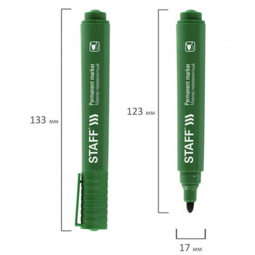 Маркер перманентный STAFF Basic Budget PM-125, ЗЕЛЕНЫЙ, круглый наконечник 3 мм, 152177