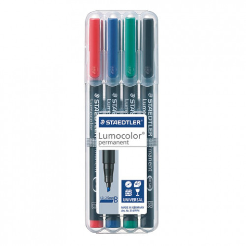 Маркеры перманентные (нестираемые) STAEDTLER в НАБОРЕ из 4 шт., АССОРТИ, Lumocolor, скошенные, 1-2,5 мм, 314 WP4