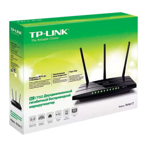 Маршрутизатор TP-LINK Archer C7, 5x1 Гбит, 2хUSB 2.0, WI-FI 2,4+5 ГГц 802.11aс 600+1300 Мбит