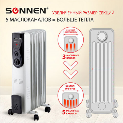 Обогреватель масляный ВЫСОКОЙ ЭФФЕКТИВНОСТИ SONNEN DFB-07BS, 1500 Вт, 7 секций, 5 МАСЛОКАНАЛОВ, 455312