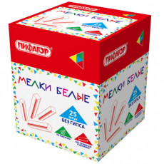 Мел белый БЕЗ ПРИМЕСЕЙ квадратный 25 штук, мягкое письмо, ПИФАГОР, картонная упаковка, х, 274122